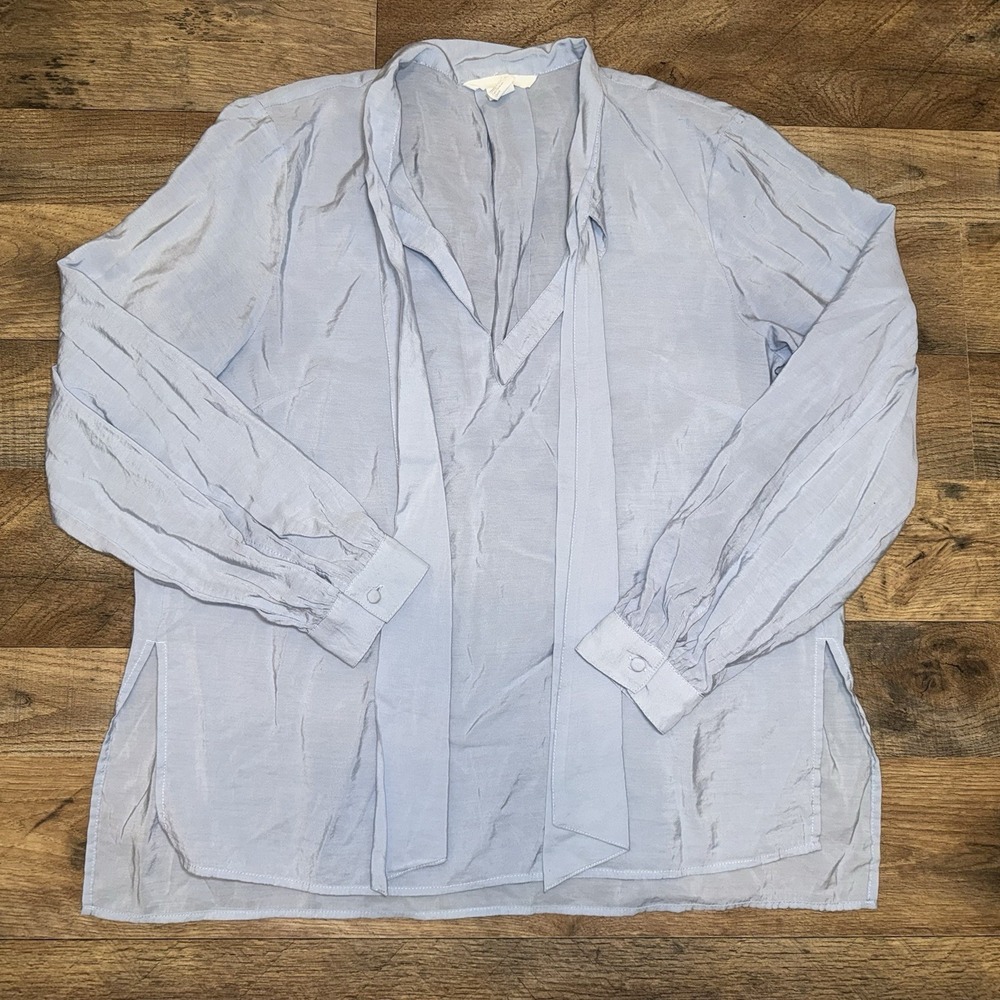 H&M‎ Tie Neck Blouse Womens 4 Light Blue Excellent Long Sleeve V-Neck Top